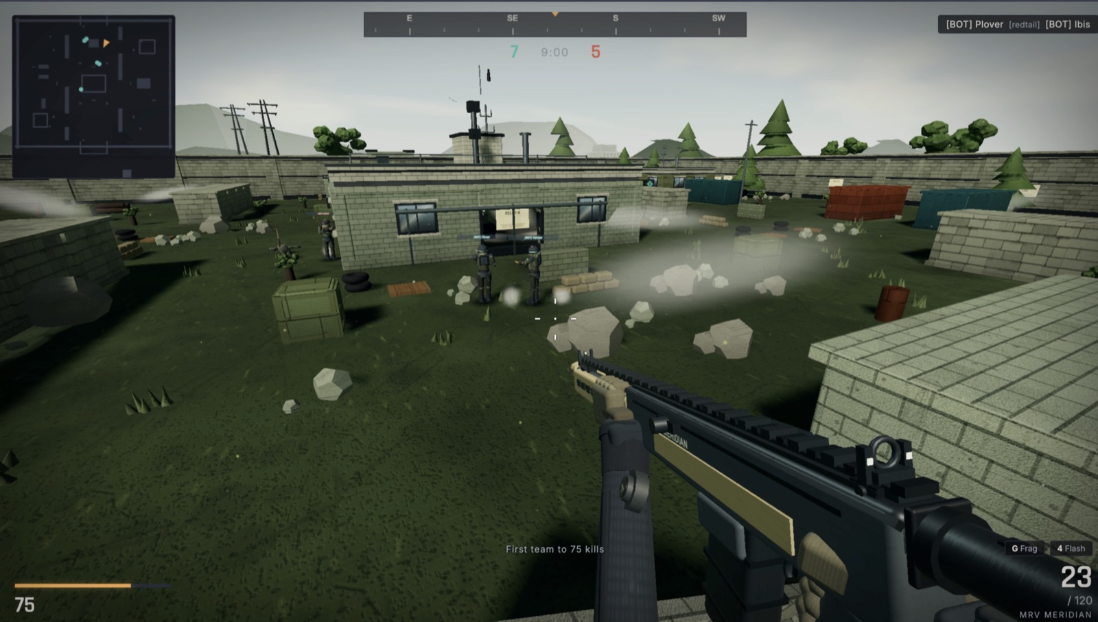 First-person view of a Telos-run multiplayer match: two players trading fire across a walled compound, with the round timer and team scores overlaid.
